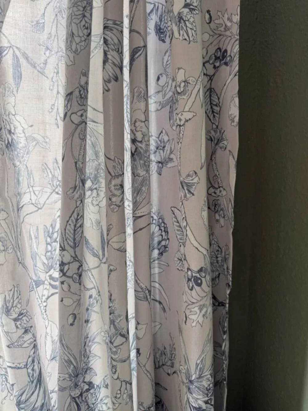 Grey Background with Blue/White Floral 50W x 95L UNLINED Linen Blend Drapes